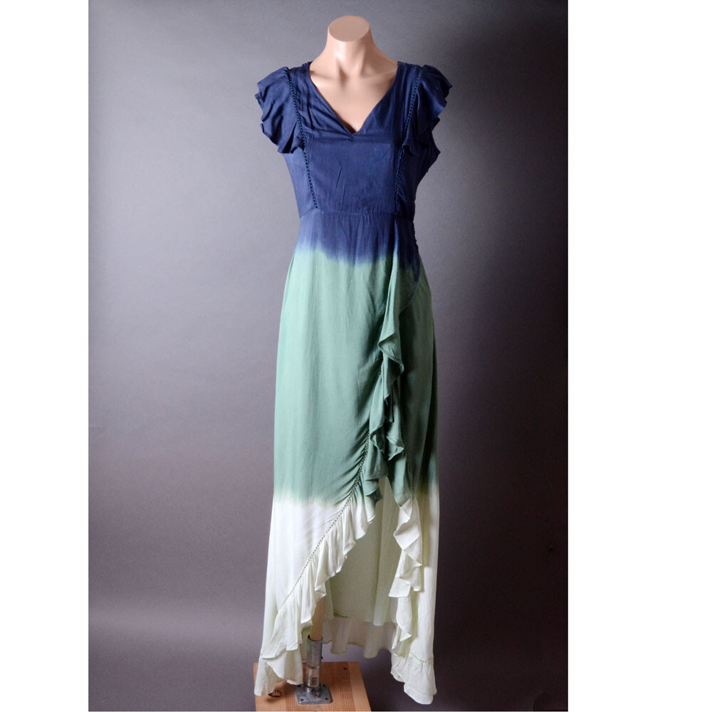 Blue Green Ombre Ruffle Open Slit Zip Womens Asymmetrical Long Maxi Dress S M L