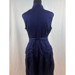 Navy Blue Sleeveless Wrap Dress Notched Lapel Pleated Skirt with Belt Pockets