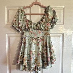 Inspired Hearts L Green/Pink Floral Smocked Square Neck Puff Sleeve Ruffle Mini