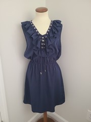 Venus Ruffle Lace Up Mini Dress Women’s Size S Sleeveless Tie Front Navy Blue