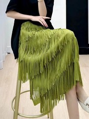 Multifunctional Slimming Tassel Cake Skirt Medium and Long Dress Elastic Waist D