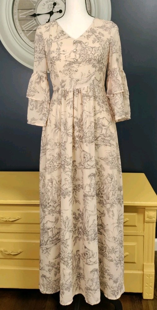 Maxi Sheer Dress Size Small Cream Gray Empire Waist Cottage Fairy Bell Sleeves