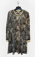Prelude Womens Dress Size Medium Paisley Print Black Tan Cream Knit Neck & Wrist