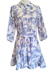 Cynthia Steffe Shirt Dress Classic Blue Chintz Print Gored Skirt Optional Belt