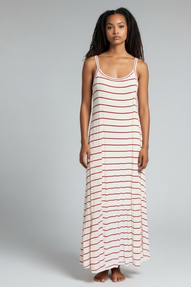 NWOT Summer Maxi Tank Dress W/ Pockets White W/ Red Stripes Size Large