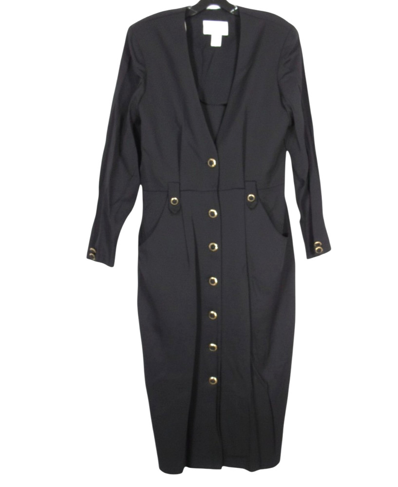 VTG DANNY & NICOLE Black BUTTON-DOWN Pleated SIDE POCKETS Sheath Dress Sz 12
