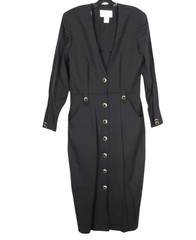 VTG DANNY & NICOLE Black BUTTON-DOWN Pleated SIDE POCKETS Sheath Dress Sz 12
