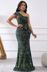 One Shoulder Emerald Green Gold Sequin Dress Evening Gown L-XL Mermaid