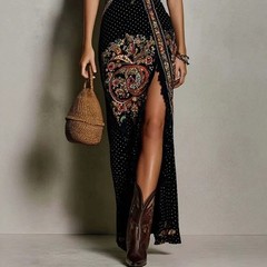 Digital Print Sleeveless Tank Top Split Long Skirt Dress