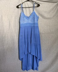 Blue Crochet Lace Boho Hi-Low Maxi Dress Spaghetti Strap Smocked Back Festival