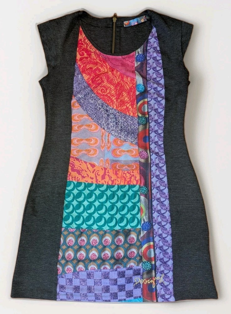 Desigual Patchwork Dress Womens Large Colorful Graphic Bodycon Mini Artsy Y2K