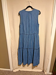 Lands End Denim Chambray Maxi Dress XL Sleeveless Tiered Boho Festival Western