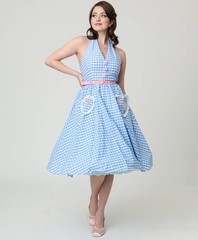 DISNEY BY UNIQUE VINTAGE BLUE GINGHAM COTTON HALTER SWING DRESS – REG & PLUS Sz