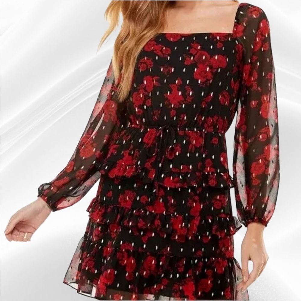 City Studio Womens Juniors Red Black Gold Floral Print Square Neck Dress Small