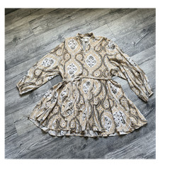 H&M Beige Patterned A-Line Dress Balloon Long Sleeve Viscose Cotton S