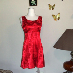 90s Vintage Red Floral Brocade Satin Mini Dress XS/S