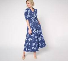 BEAUTIFUL by Lawrence Zarian Regular Printed Faux Wrap Midi Dress Navy XS New