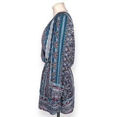 NORDSTROM CHELSEA28 Boho Print Babydoll Blouson Dress Mini Puff Sleeve Teal Red
