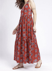 Red Ethnic Motif Printed Plunge Halter Neck Tiered Maxi Dress Boho L/XL