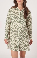 Button Down Shirt Dress Leopard Print Matcha Green 100% Linen Casual Chic M