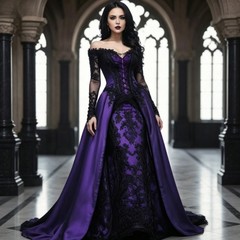Vintage Victorian Prom Dresses Purple And Black Gothic Wedding Dresses Gown Lace
