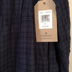(New) Frye & Co. Navy Blue Plaid Cotton Rayon Button Front Prairie Dress Medium