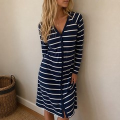 Blue Striped Button Front Cardigan Sweater Dress Small Nautical Preppy Coastal