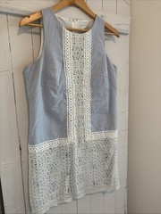 London Times Women’s Sz 10 Blue/White Stripe Dress Lace Accent Front & Bottom