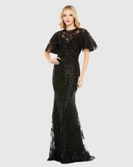 NWT, Mac Duggal Black Embellished Flutter Sleeve High si Neck Gown Size 10