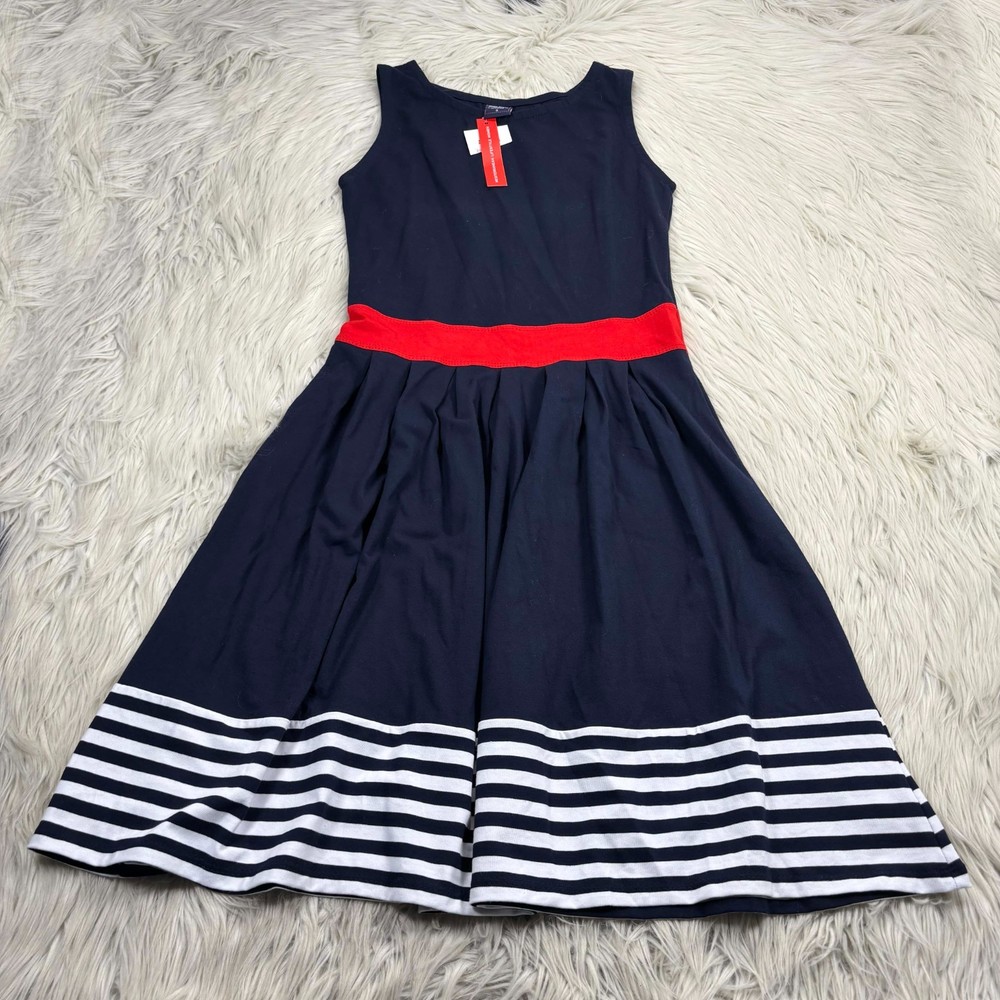 NWT Blue Women&rsquo;s S Navy Striped Hem Fit Flare Dress Nautical Coastal Preppy