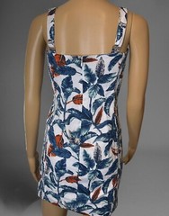 Robin K Sheath Mini Dress Medium White Blue Linen-Cotton Lined Wide Straps Leave