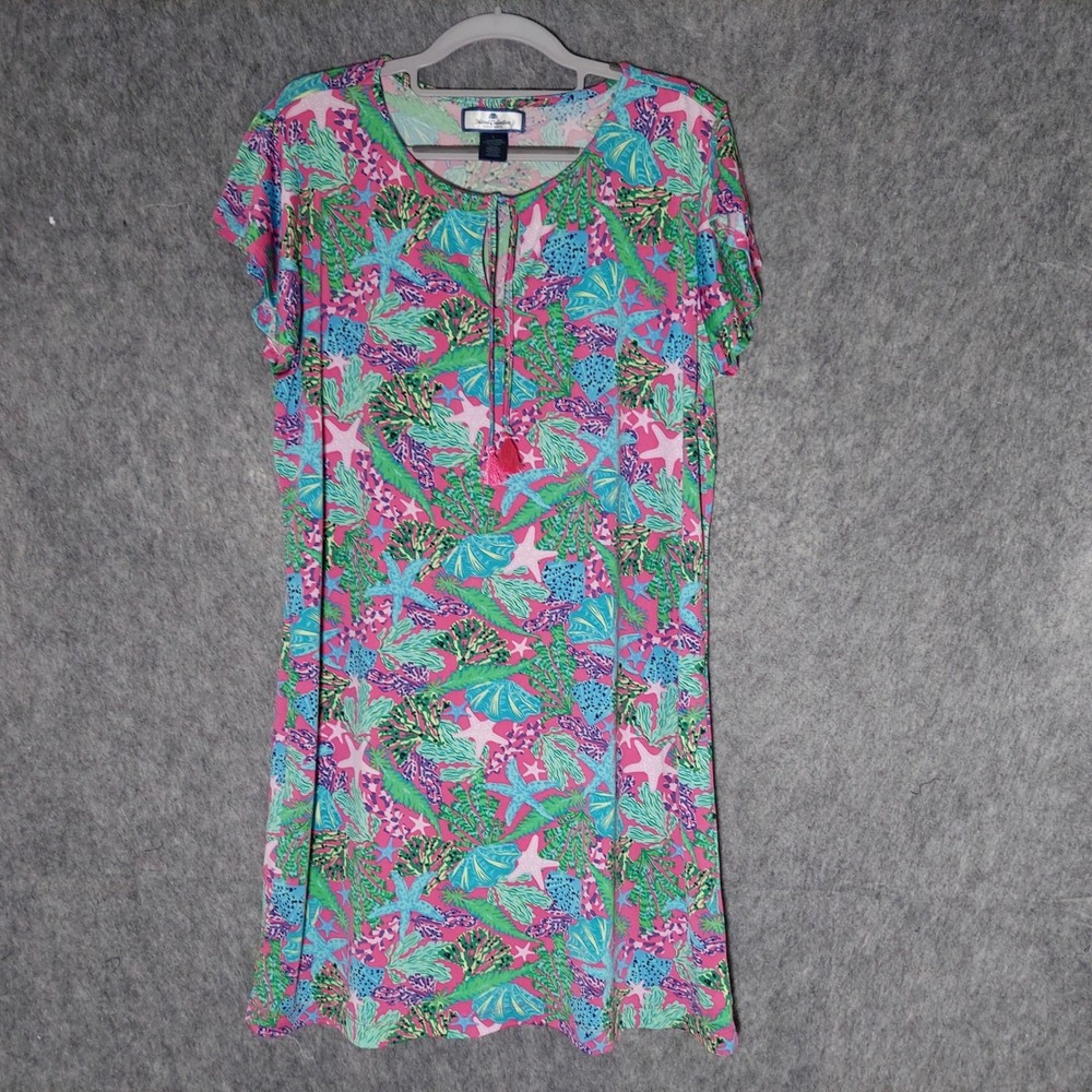 Stella Parker Dress L Pink Short Sleeve Resort Coastal Sea Shell Starfish Tassel