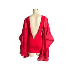 Unbranded Dramatic Mesh Bell Sleeve Mini Dress XS Red Open Back Bodycon Party