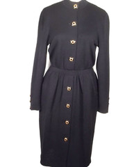 NWOT St. John Collection black santana knit dress. 6, logo buttons, long sleeve