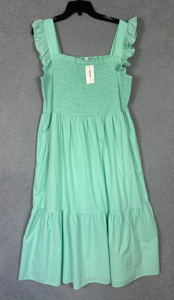 On 34th Plus Size Woven Solid Smocked Ruffled MIDI Dress 1X Sea Mist Green NWT&rsquo;s