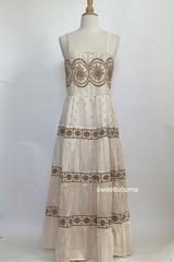 NWT Naoo Ivory Gold Cotton Maxi Dress M Smocked Eyelet Lurex Boho Cottagecore