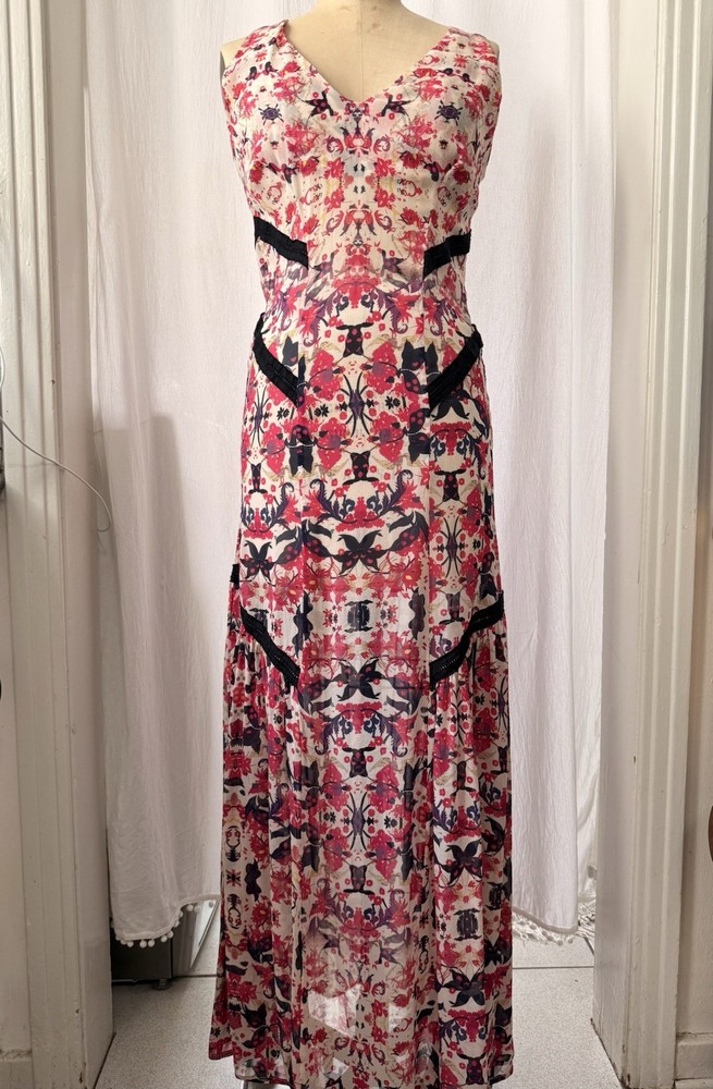 Sam & Lavi 100% Silk Floral Maxi Dress Ivory Red Black Lace Trim Size M
