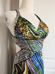 VTG Y2K Cache Sz 2 Silk Sequin Beaded Animal Print Mermaid Gown Prom Formal