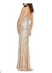 Mac Duggal Nude Silver Sequin Beaded A-Line Side Slit Gown Size 10 $398