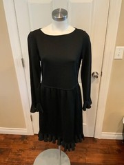 St. John Black Wool Blend Fit & Flare Dress W/ Flounce Hem & Cuffs, Size 6 (US)