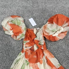 NWT Billy J Orange Floral Front Cutout Puff Sleeve Mini Dress Colorful Women’s S