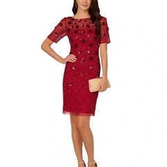 Adrianna Papell Cranberry Red Sequin Mesh Velvet Cocktail Dress Size 12 $249