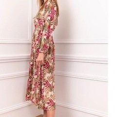 Parisian M&M NWT Tropical Leaf Maxi Dress S 100% Cotton Pink Green Long Slv $158
