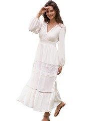 Olaesa Lace Maxi Dress Long Sleeve V Neck Boho Dress Decorative Button Smocked
