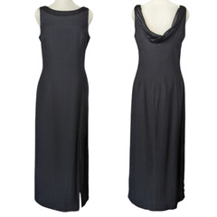 VTG Evening Gown Womens 6/6P Black Crepe Boatneck Satin Drape U Back Lined Long