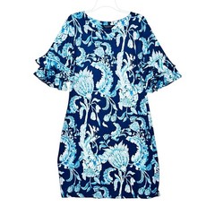 Tango Mango Dress SeaBreezes Tropical Floral Cha-Cha Sleeve Blue Pullover Sz S