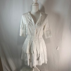 ROCHELLE BEHRENS White Cotton Eyelet Lace Tiered Ruffle Button Up Shirt Dress XS