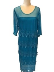 Badgley Mischka Teal Sheer Lace Tiered Sequins Cocktail Dress ( Plus 2X ) NWT