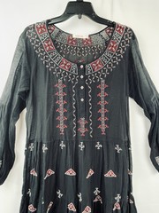JOHNNY WAS Medium Ava Black Peasant Dress Embroidered Cotton Silk Sheer Lightwt