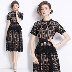 Summer Floral Print Crew Neck Hollow Out Womens Casual Party Midi Lace Dresses